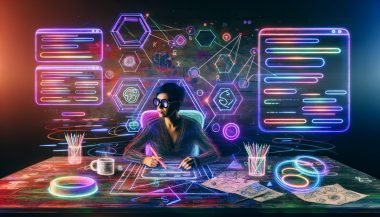 Futuristische und lebendige Illustration eines SEO-Texters im Jahr 2025 an einem modernen Arbeitsplatz mit digitalen Datenströmen und technischen Grafiken.