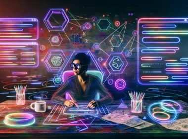 Futuristische und lebendige Illustration eines SEO-Texters im Jahr 2025 an einem modernen Arbeitsplatz mit digitalen Datenströmen und technischen Grafiken.