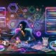 Futuristische und lebendige Illustration eines SEO-Texters im Jahr 2025 an einem modernen Arbeitsplatz mit digitalen Datenströmen und technischen Grafiken.