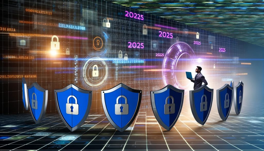 Illustration eines modernen Online-Marketing-Teams mit Schutzschilden, digitalen Symbolen, Matrix-Zahlen und dem Schriftzug 2025 zur Darstellung von Datensicherheit und vertrauensvollem Kundenschutz.
