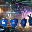 Illustration eines modernen Online-Marketing-Teams mit Schutzschilden, digitalen Symbolen, Matrix-Zahlen und dem Schriftzug 2025 zur Darstellung von Datensicherheit und vertrauensvollem Kundenschutz.