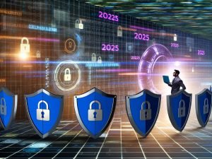 Illustration eines modernen Online-Marketing-Teams mit Schutzschilden, digitalen Symbolen, Matrix-Zahlen und dem Schriftzug 2025 zur Darstellung von Datensicherheit und vertrauensvollem Kundenschutz.