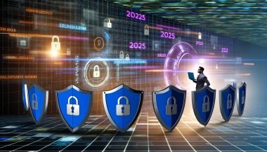 Illustration eines modernen Online-Marketing-Teams mit Schutzschilden, digitalen Symbolen, Matrix-Zahlen und dem Schriftzug 2025 zur Darstellung von Datensicherheit und vertrauensvollem Kundenschutz.