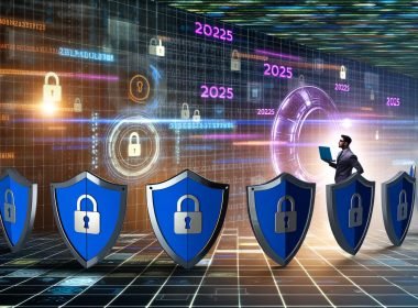 Illustration eines modernen Online-Marketing-Teams mit Schutzschilden, digitalen Symbolen, Matrix-Zahlen und dem Schriftzug 2025 zur Darstellung von Datensicherheit und vertrauensvollem Kundenschutz.