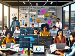 Marketing-Team analysiert Daten an Monitoren und Laptops im modernen Büro, mit Post-Its auf Glasscheibe und Slogan ‚First Party Daten sind das neue Gold‘ im Hintergrund.