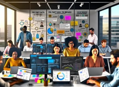 Marketing-Team analysiert Daten an Monitoren und Laptops im modernen Büro, mit Post-Its auf Glasscheibe und Slogan ‚First Party Daten sind das neue Gold‘ im Hintergrund.