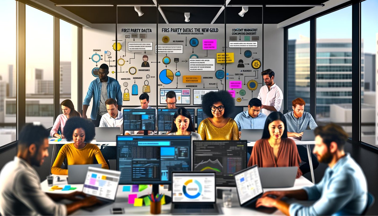 Marketing-Team analysiert Daten an Monitoren und Laptops im modernen Büro, mit Post-Its auf Glasscheibe und Slogan ‚First Party Daten sind das neue Gold‘ im Hintergrund.