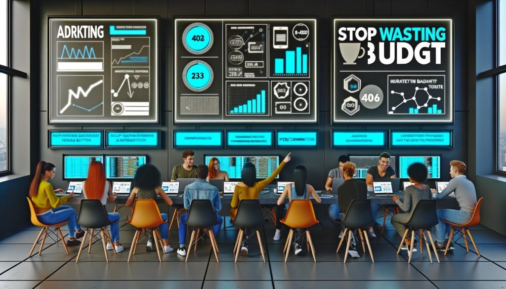 Diverse Marketingexperten im modernen Büro vor drei großen Monitoren mit Quora Ads Dashboards, Performance-Graphen und einer dynamischen Checkliste, umgeben von Smartboards und dem Slogan 'Stop Wasting Budget' an der Wand.