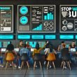 Diverse Marketingexperten im modernen Büro vor drei großen Monitoren mit Quora Ads Dashboards, Performance-Graphen und einer dynamischen Checkliste, umgeben von Smartboards und dem Slogan 'Stop Wasting Budget' an der Wand.