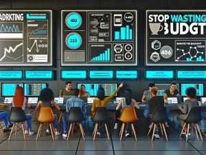 Diverse Marketingexperten im modernen Büro vor drei großen Monitoren mit Quora Ads Dashboards, Performance-Graphen und einer dynamischen Checkliste, umgeben von Smartboards und dem Slogan 'Stop Wasting Budget' an der Wand.