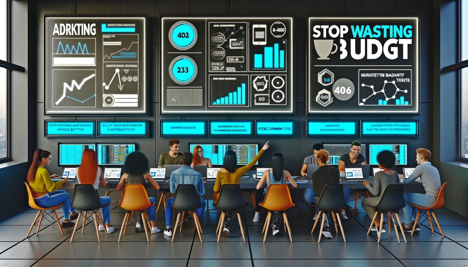 Diverse Marketingexperten im modernen Büro vor drei großen Monitoren mit Quora Ads Dashboards, Performance-Graphen und einer dynamischen Checkliste, umgeben von Smartboards und dem Slogan 'Stop Wasting Budget' an der Wand.