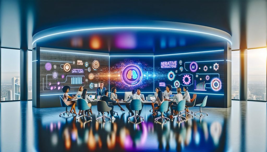 Futuristischer Büroraum, in dem vielfältige Marketingfachleute mit künstlicher Intelligenz an digitalen Displays voller Daten arbeiten.