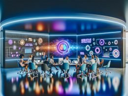 Futuristischer Büroraum, in dem vielfältige Marketingfachleute mit künstlicher Intelligenz an digitalen Displays voller Daten arbeiten.