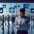 Modernes, offenes Büro bei Dämmerung mit vielfältigen Menschen, digitalen Checkboxen, Cookie-Bannern und Zertifikaten an Glaswänden. Spiegelungen zeigen User-Silhouetten mit Fragezeichen-Gesichtern; Stimmung leicht dystopisch.