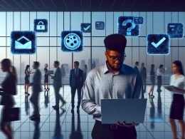 Modernes, offenes Büro bei Dämmerung mit vielfältigen Menschen, digitalen Checkboxen, Cookie-Bannern und Zertifikaten an Glaswänden. Spiegelungen zeigen User-Silhouetten mit Fragezeichen-Gesichtern; Stimmung leicht dystopisch.