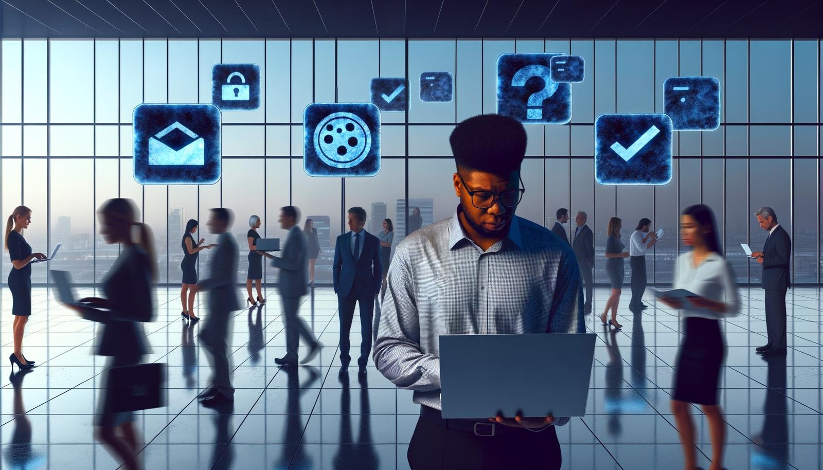 Modernes, offenes Büro bei Dämmerung mit vielfältigen Menschen, digitalen Checkboxen, Cookie-Bannern und Zertifikaten an Glaswänden. Spiegelungen zeigen User-Silhouetten mit Fragezeichen-Gesichtern; Stimmung leicht dystopisch.