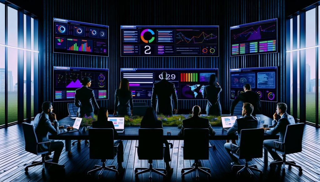 Dynamisches SEO-Expertenteam analysiert konzentriert mit mehreren Monitoren, bunten Grafiken und technischen SEO-Tools einen detaillierten Website-Audit in modernem, dunklen Büro.