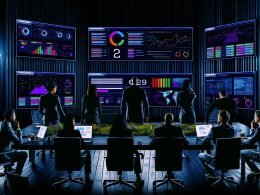 Dynamisches SEO-Expertenteam analysiert konzentriert mit mehreren Monitoren, bunten Grafiken und technischen SEO-Tools einen detaillierten Website-Audit in modernem, dunklen Büro.