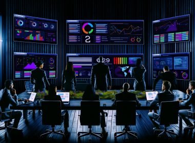 Dynamisches SEO-Expertenteam analysiert konzentriert mit mehreren Monitoren, bunten Grafiken und technischen SEO-Tools einen detaillierten Website-Audit in modernem, dunklen Büro.