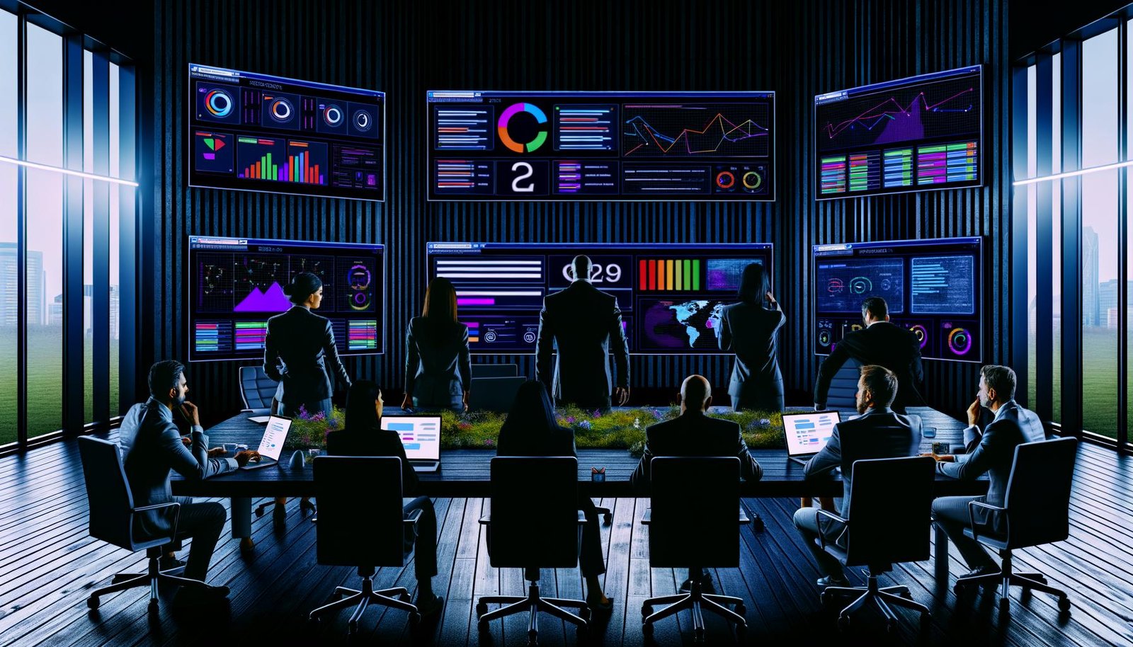 Dynamisches SEO-Expertenteam analysiert konzentriert mit mehreren Monitoren, bunten Grafiken und technischen SEO-Tools einen detaillierten Website-Audit in modernem, dunklen Büro.