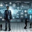Geschäftsmann im Anzug bedient holografisches Sicherheits-Dashboard vor digitaler Wand mit Datenströmen, Firewalls, Überwachung und Schutzsymbolen in einem hochmodernen Büro, während Cyberbedrohungen abgewehrt werden.