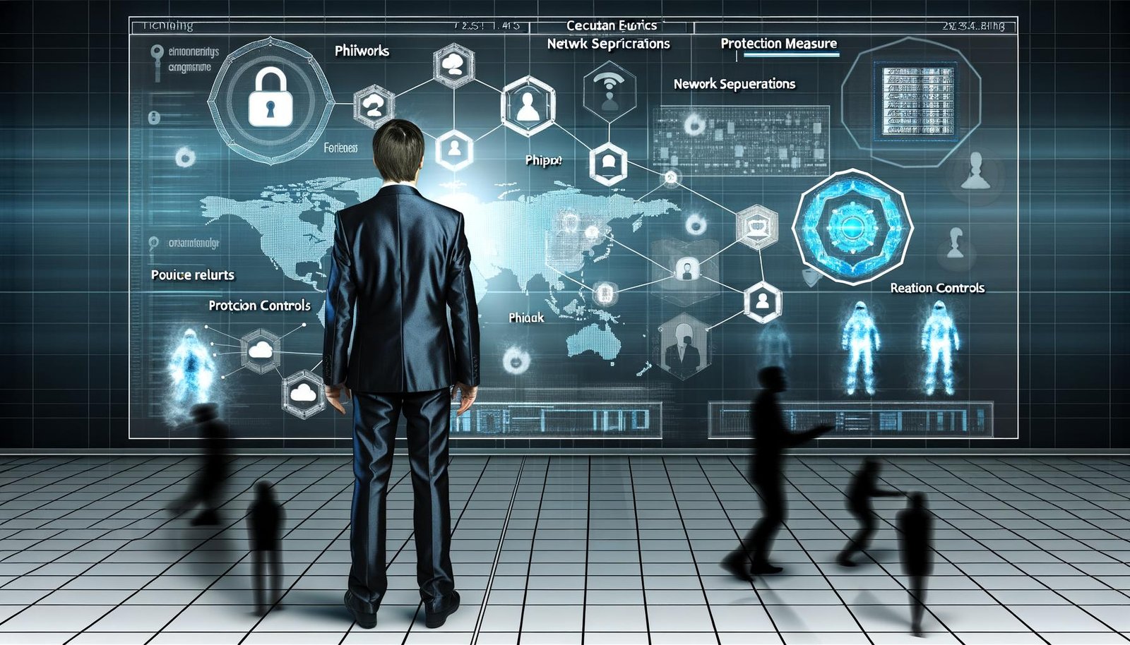 Geschäftsmann im Anzug bedient holografisches Sicherheits-Dashboard vor digitaler Wand mit Datenströmen, Firewalls, Überwachung und Schutzsymbolen in einem hochmodernen Büro, während Cyberbedrohungen abgewehrt werden.
