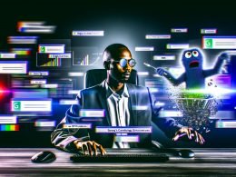 Digitale Szene mit SEO-Experte und abstrahiertem Google-Algorithmus-KI-Monster, das veraltete SEO-Taktiken verschlingt, umgeben von Ranking-Begriffen und Analyse-Diagrammen, vor abstürzenden Webseiten im Hintergrund.