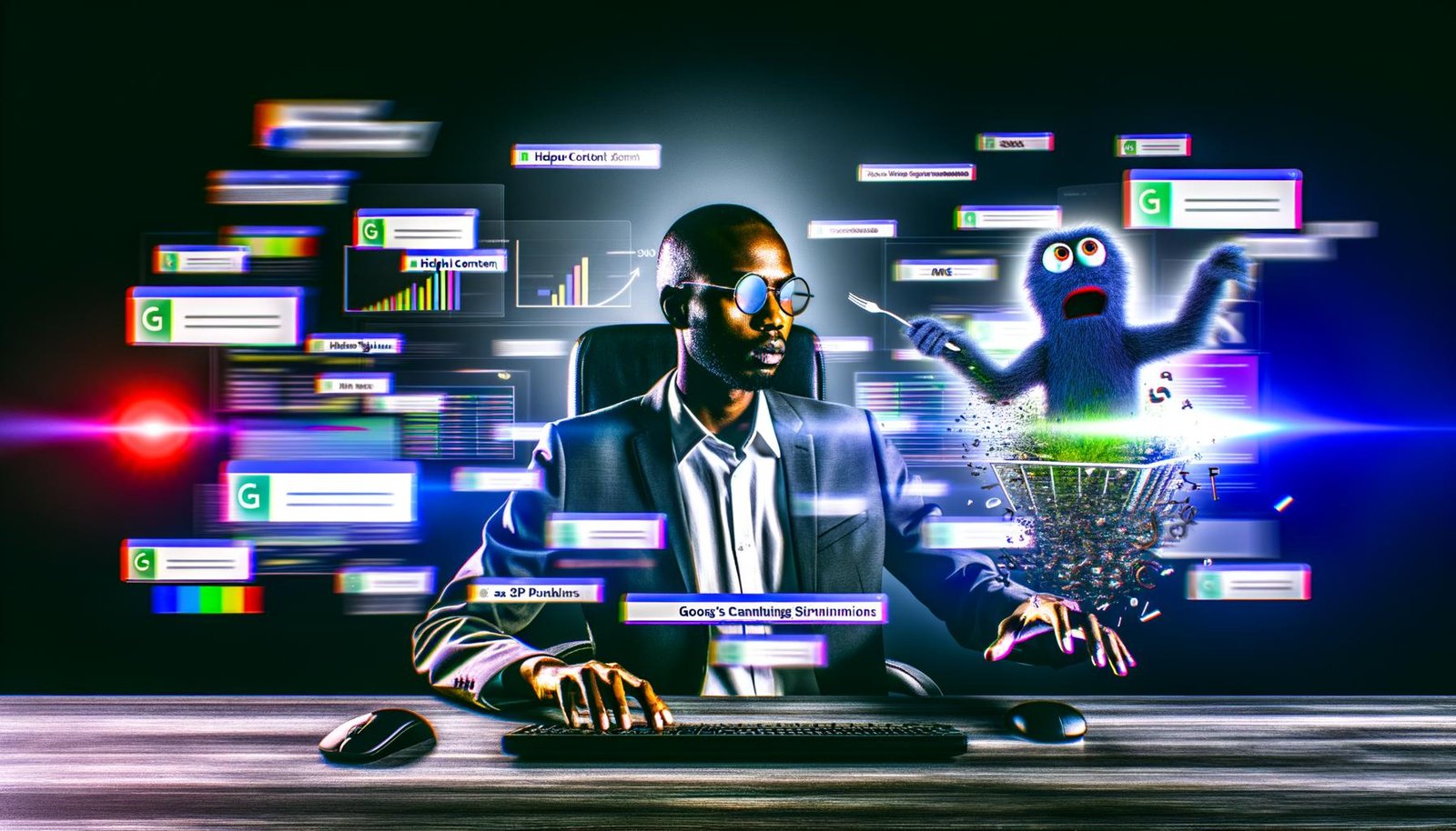 Digitale Szene mit SEO-Experte und abstrahiertem Google-Algorithmus-KI-Monster, das veraltete SEO-Taktiken verschlingt, umgeben von Ranking-Begriffen und Analyse-Diagrammen, vor abstürzenden Webseiten im Hintergrund.