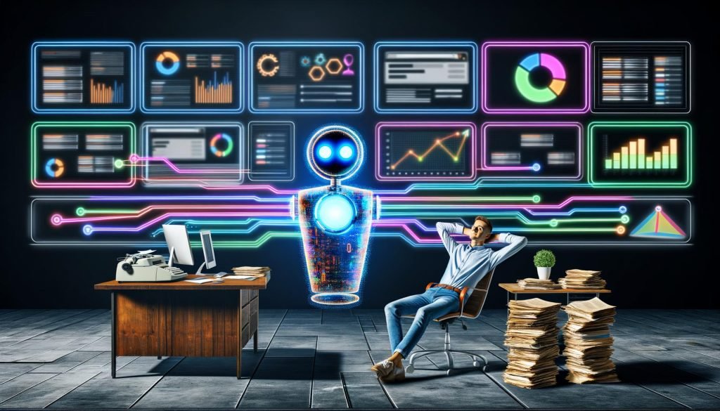 Marketer in modernem Büro mit leuchtendem KI-Assistenten, verbunden mit digitalen Marketing-Tools, kontrastiert von altmodischem Schreibtisch mit Papierstapel und Schreibmaschine.