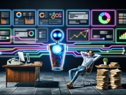 Marketer in modernem Büro mit leuchtendem KI-Assistenten, verbunden mit digitalen Marketing-Tools, kontrastiert von altmodischem Schreibtisch mit Papierstapel und Schreibmaschine.
