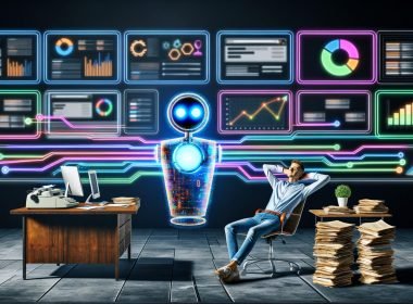 Marketer in modernem Büro mit leuchtendem KI-Assistenten, verbunden mit digitalen Marketing-Tools, kontrastiert von altmodischem Schreibtisch mit Papierstapel und Schreibmaschine.