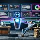Marketer in modernem Büro mit leuchtendem KI-Assistenten, verbunden mit digitalen Marketing-Tools, kontrastiert von altmodischem Schreibtisch mit Papierstapel und Schreibmaschine.