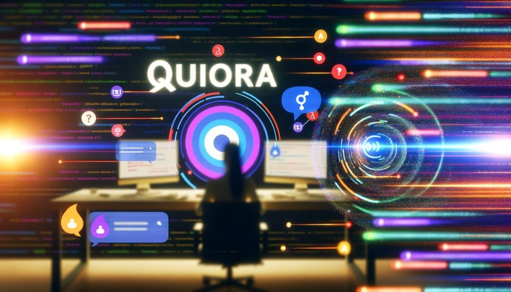 Mensch am Schreibtisch mit Monitoren, auf denen Quora-Logo, ChatGPT-Dialoge und Anzeigeninhalte zu sehen sind; im Hintergrund Datenströme, KI-Symbole, Code und bunte Conversion-Graphs als Symbol für modernes Marketing.