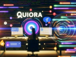 Mensch am Schreibtisch mit Monitoren, auf denen Quora-Logo, ChatGPT-Dialoge und Anzeigeninhalte zu sehen sind; im Hintergrund Datenströme, KI-Symbole, Code und bunte Conversion-Graphs als Symbol für modernes Marketing.