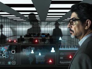 CEO mittleren Alters im modernen Büro vor Monitoren mit komplexen Sicherheitssystemen, digitale Bedrohungen angespannt im Hintergrund sichtbar