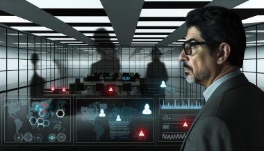 CEO mittleren Alters im modernen Büro vor Monitoren mit komplexen Sicherheitssystemen, digitale Bedrohungen angespannt im Hintergrund sichtbar