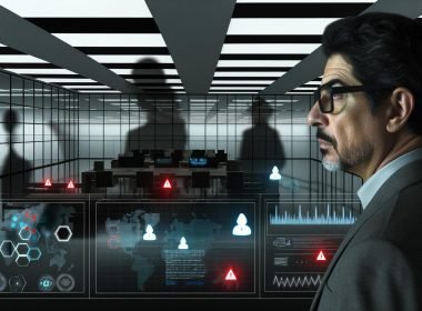 CEO mittleren Alters im modernen Büro vor Monitoren mit komplexen Sicherheitssystemen, digitale Bedrohungen angespannt im Hintergrund sichtbar