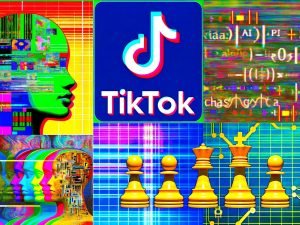 Collage mit altem pixeligen TikTok-Thumbnail rechts und modernem, KI-generiertem, farbenfrohem Thumbnail links, KI-Symbole, Codehintergrund, Schachfigur und Bauern, TikTok-Logo.