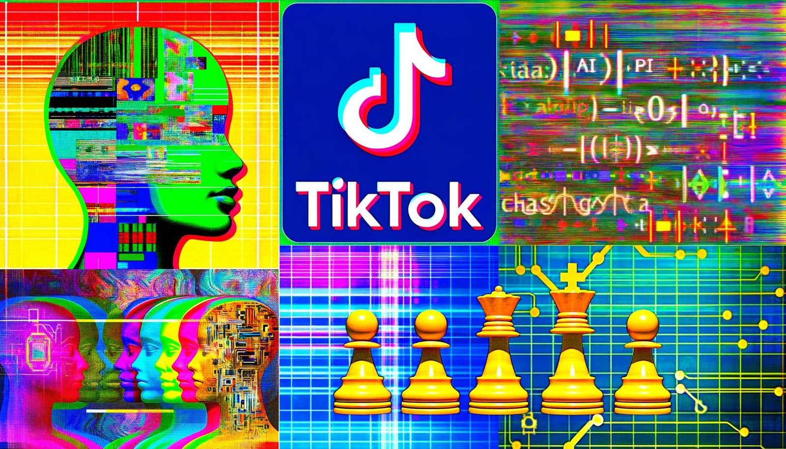Collage mit altem pixeligen TikTok-Thumbnail rechts und modernem, KI-generiertem, farbenfrohem Thumbnail links, KI-Symbole, Codehintergrund, Schachfigur und Bauern, TikTok-Logo.