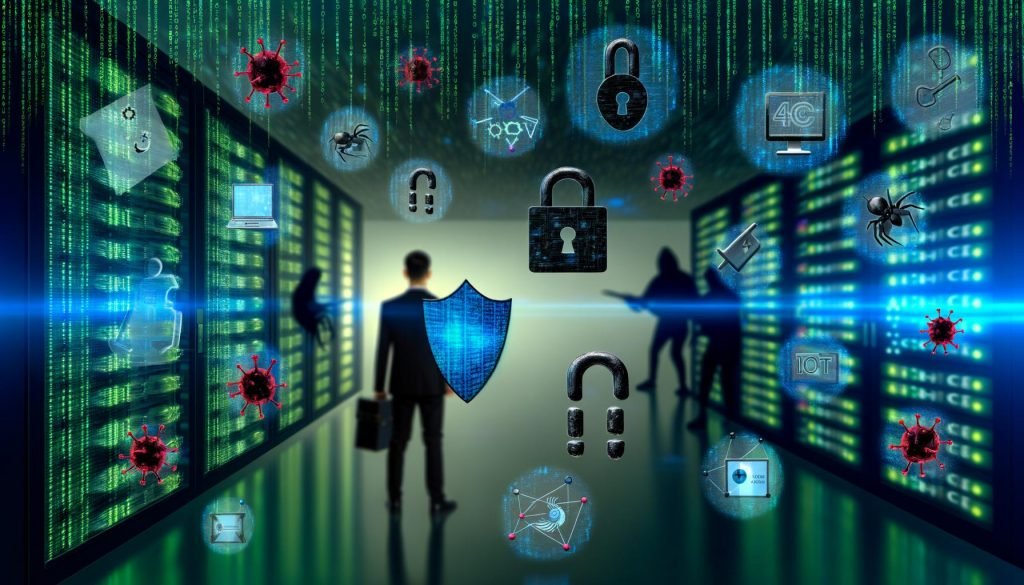 Illustration eines Cyber-Schlachtfelds mit digitalem Schutzschild, Gefahrensymbolen wie Viren, Phishing-Haken, Ransomware-Schlössern und IoT-Icons vor Serverracks und Codezeilen im Matrix-Stil.