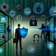 Illustration eines Cyber-Schlachtfelds mit digitalem Schutzschild, Gefahrensymbolen wie Viren, Phishing-Haken, Ransomware-Schlössern und IoT-Icons vor Serverracks und Codezeilen im Matrix-Stil.
