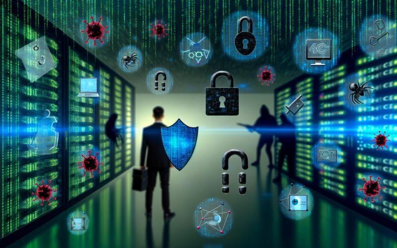 Illustration eines Cyber-Schlachtfelds mit digitalem Schutzschild, Gefahrensymbolen wie Viren, Phishing-Haken, Ransomware-Schlössern und IoT-Icons vor Serverracks und Codezeilen im Matrix-Stil.