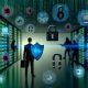 Illustration eines Cyber-Schlachtfelds mit digitalem Schutzschild, Gefahrensymbolen wie Viren, Phishing-Haken, Ransomware-Schlössern und IoT-Icons vor Serverracks und Codezeilen im Matrix-Stil.