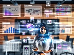 Großer Bildschirm mit Dashboard für Content-Projekte, die verschiedene KPI-Diagramme, Kalender, Workflows und SEO-Checks zeigen. Im Vordergrund sitzt eine Person mit Notizblock, umgeben von Laptop, Tablet und Smartphone, in einem technisch gestalteten, modernen Büro.