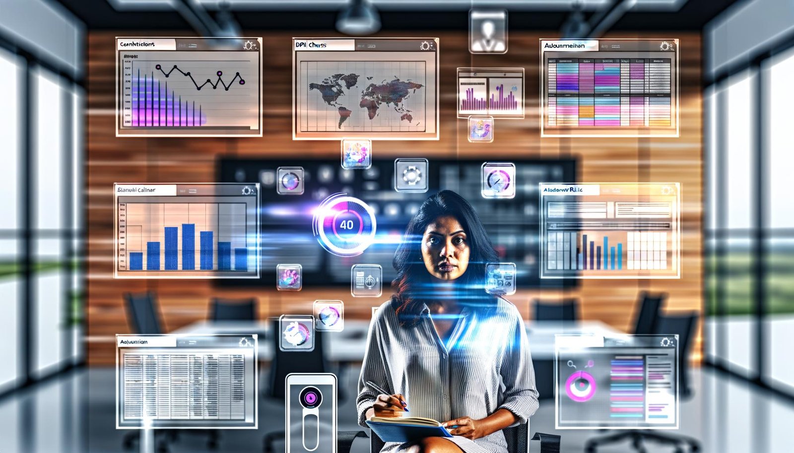 Großer Bildschirm mit Dashboard für Content-Projekte, die verschiedene KPI-Diagramme, Kalender, Workflows und SEO-Checks zeigen. Im Vordergrund sitzt eine Person mit Notizblock, umgeben von Laptop, Tablet und Smartphone, in einem technisch gestalteten, modernen Büro.