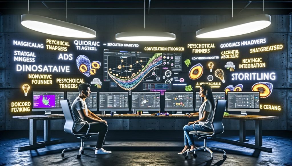 Moderner Arbeitsplatz mit zwei Performance-Marketing-Profis vor Monitoren, die Quora-Ads-Dashboards, Conversion-Trichter und Storytelling-Konzepte zeigen, umgeben von strategischen Mindmaps und Post-Its mit Marketing-Stichworten.