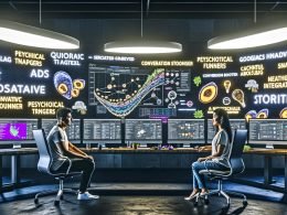 Moderner Arbeitsplatz mit zwei Performance-Marketing-Profis vor Monitoren, die Quora-Ads-Dashboards, Conversion-Trichter und Storytelling-Konzepte zeigen, umgeben von strategischen Mindmaps und Post-Its mit Marketing-Stichworten.