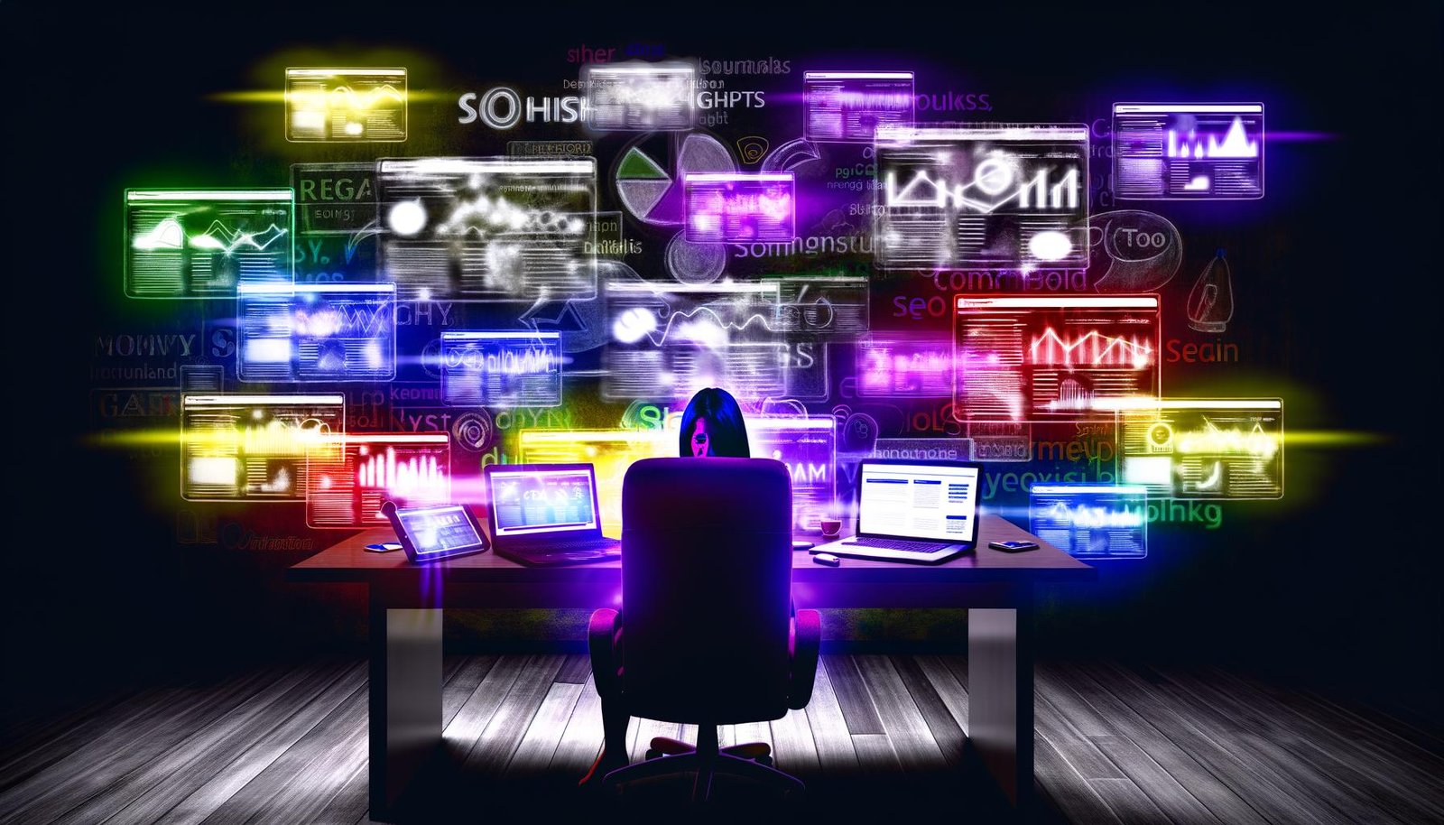 Illustration eines überfüllten Schreibtischs mit leuchtenden SEO-Geräten, geisterhaften Logos bekannter SEO-Tools im Hintergrund und einer überforderten Person, umgeben von wirren Datenströmen in dunkler Atmosphäre.
