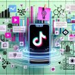 Moderne Illustration eines Smartphones mit TikTok-App, umgeben von Notizzetteln, Diagrammen, Social-Media-Icons und Analysedaten auf urbanem Hintergrund.