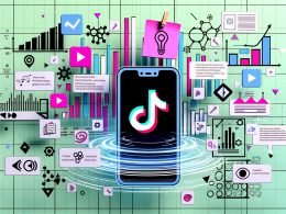 Moderne Illustration eines Smartphones mit TikTok-App, umgeben von Notizzetteln, Diagrammen, Social-Media-Icons und Analysedaten auf urbanem Hintergrund.